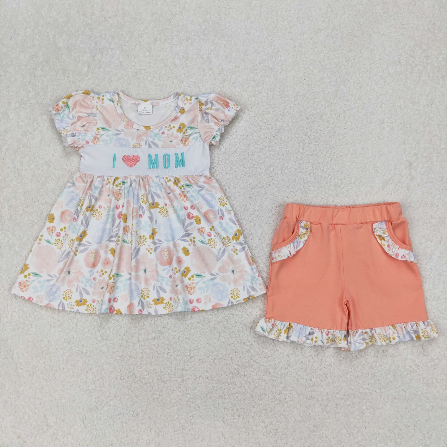 GSSO2408 I LOVE MOM Embroidery Flowers Tunic Top Orange Shorts Girls Summer Clothes Set