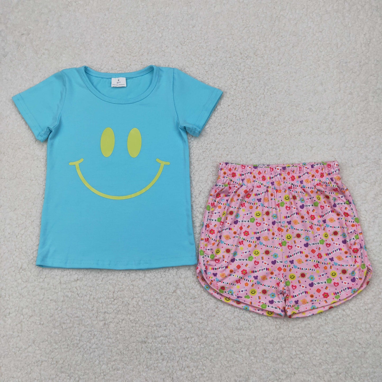 Smiling Face Vinyl Top Flowers Shorts Girls Summer Clothes Set Sisters Wear