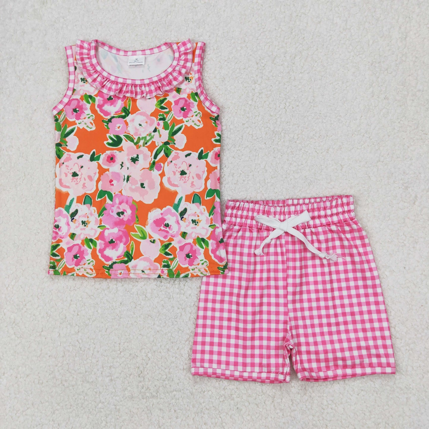 GSSO2413 Flowers Tank Top Pink Plaid Shorts Girls Summer Clothes Set