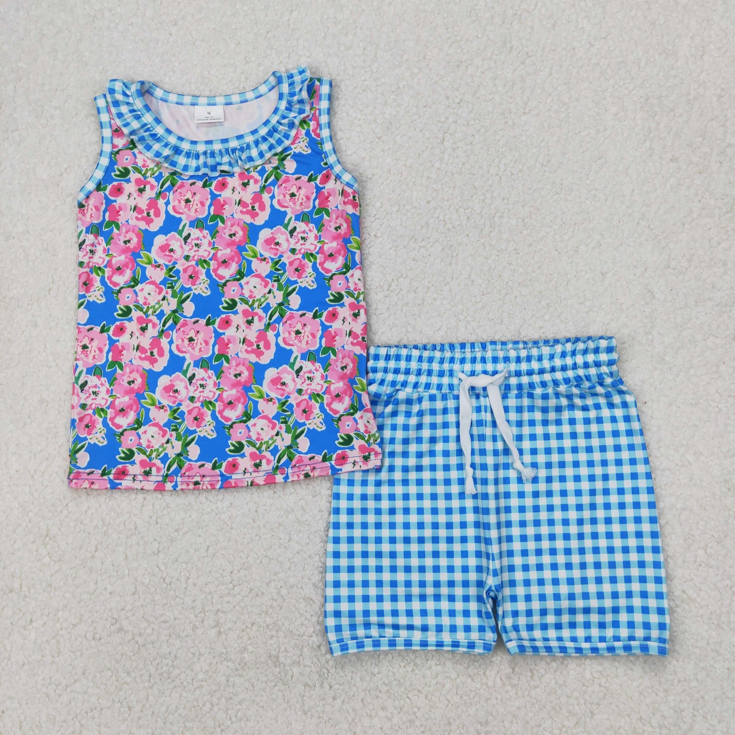 GSSO2414 Flowers Tank Top Blue Plaid Shorts Girls Summer Clothes Set
