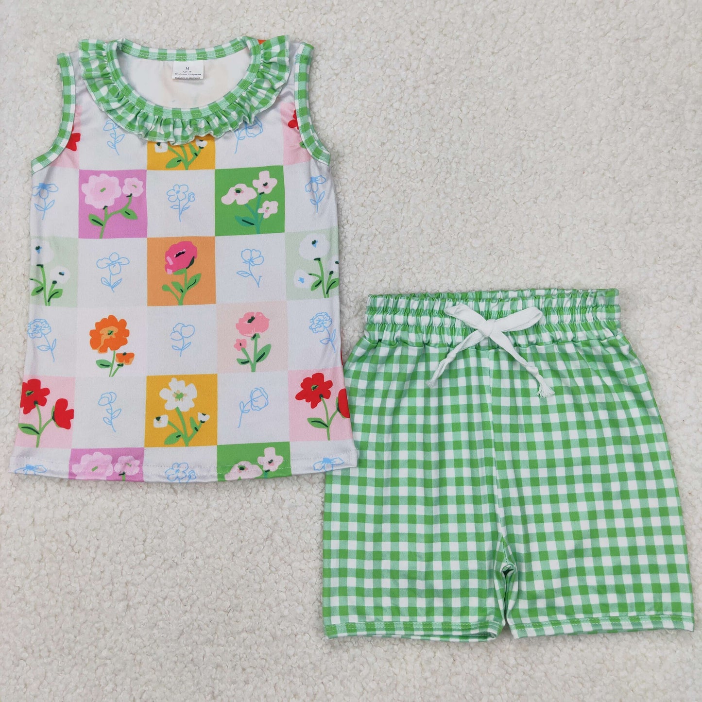 GSSO2415 Flowers Tank Top Green Plaid Shorts Girls Summer Clothes Set