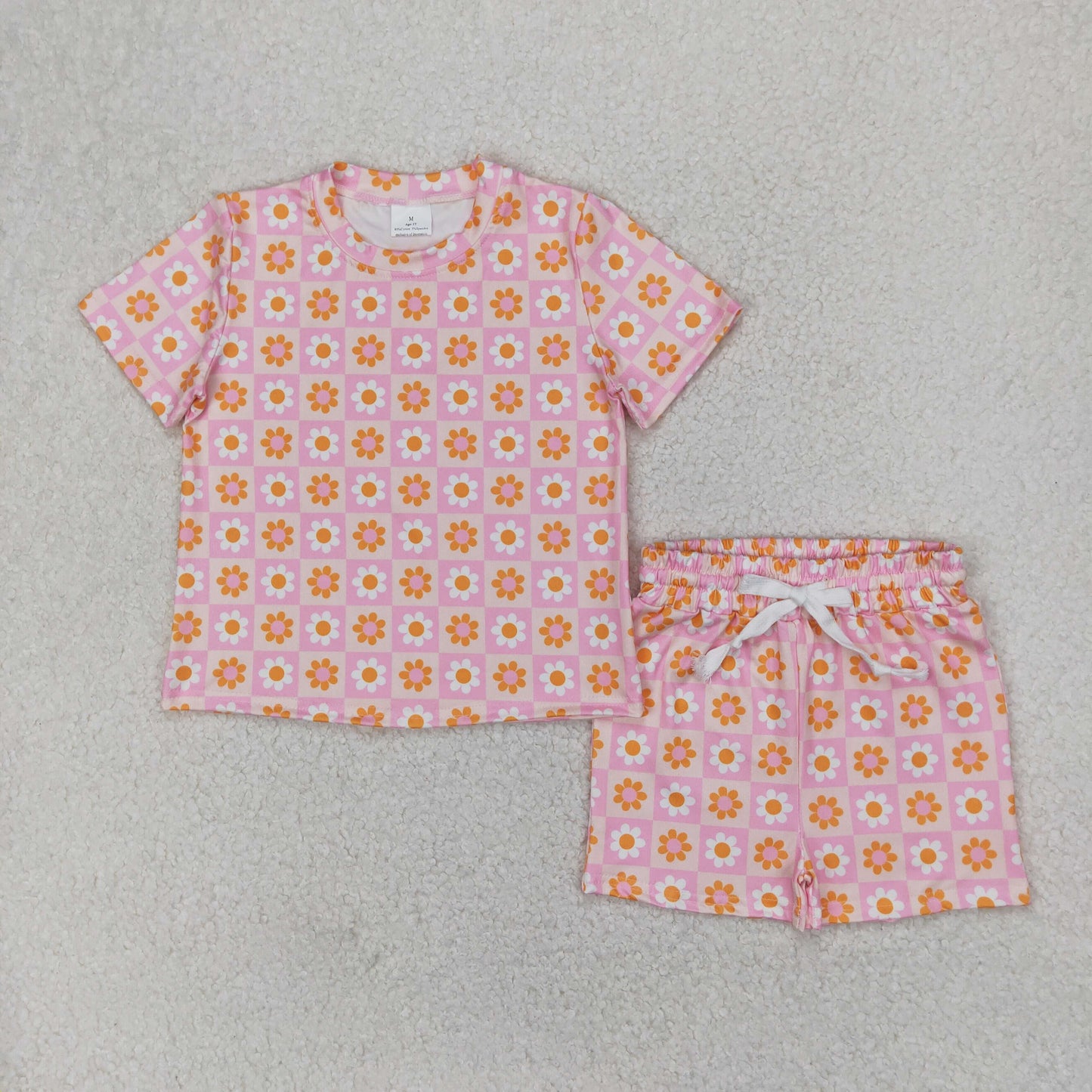 GSSO2425 Flowers Pink Plaid Print Shorts Girls Summer Clothes Set