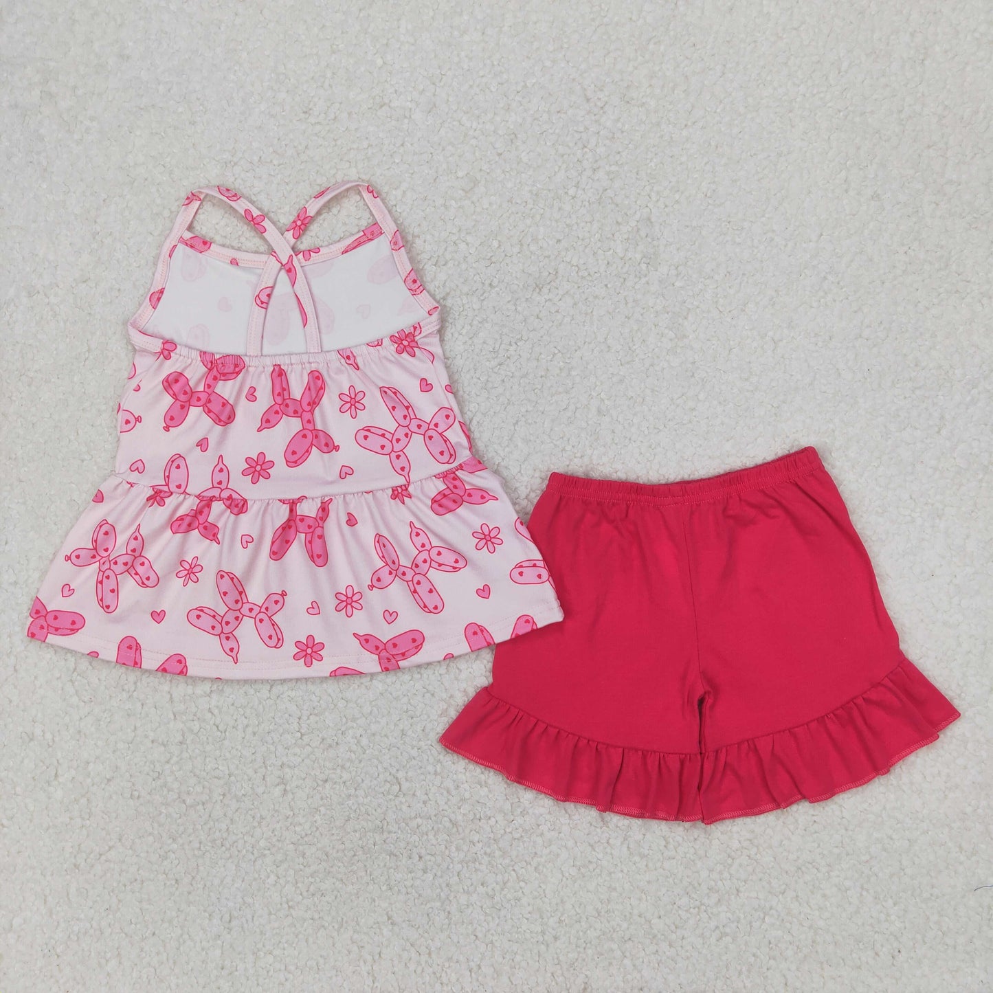 GSSO2439 Balloon Dog Flowers Tunic Top Hot Pink Shorts Girls Summer Clothes Set