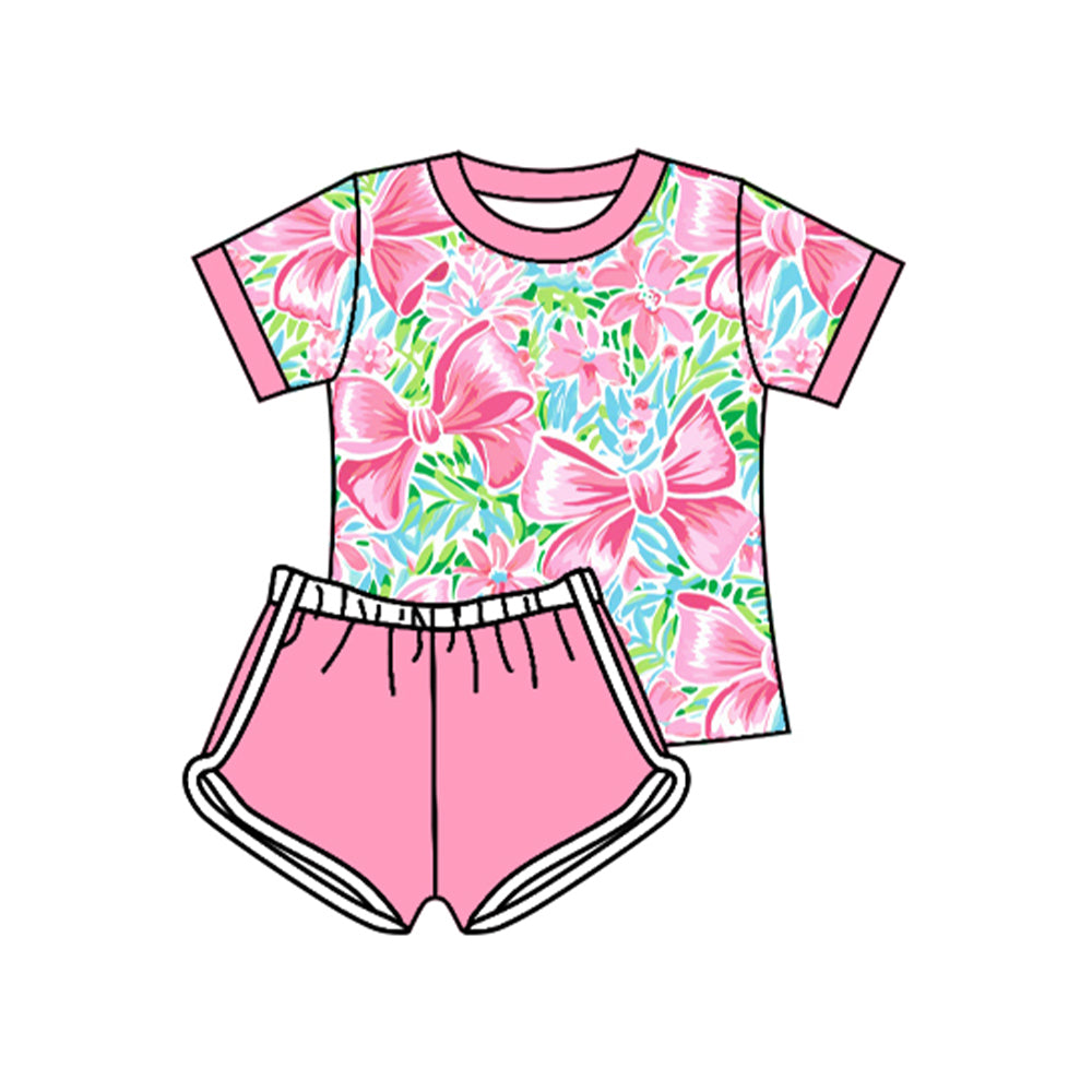 (Pre-order)GSSO2441 Flowers Bows Top Pink Shorts Girls Summer Clothes Set