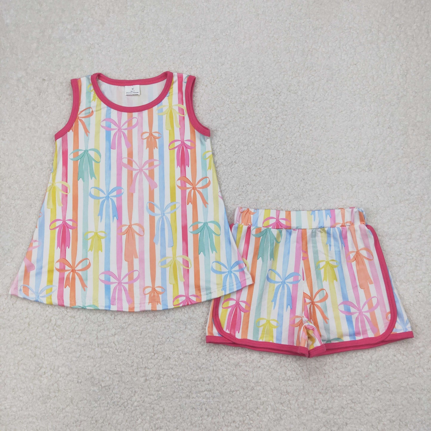 GSSO2465 Colorful Bows Stripes Tunic Top Shorts Girls Summer Clothes Set
