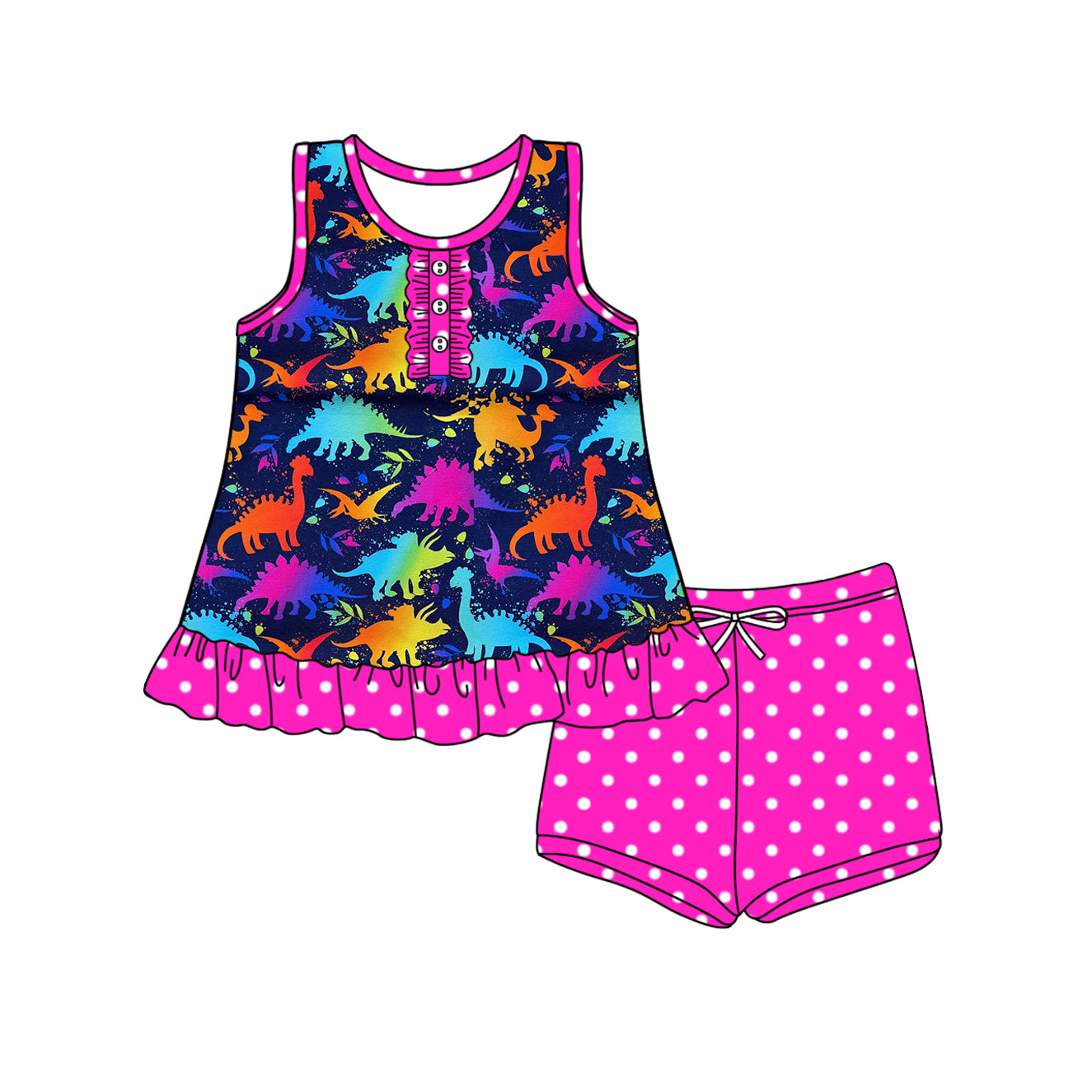 (Pre-order)GSSO2492 Colorful Dino Top Dots Shorts Girls Summer Clothes Set