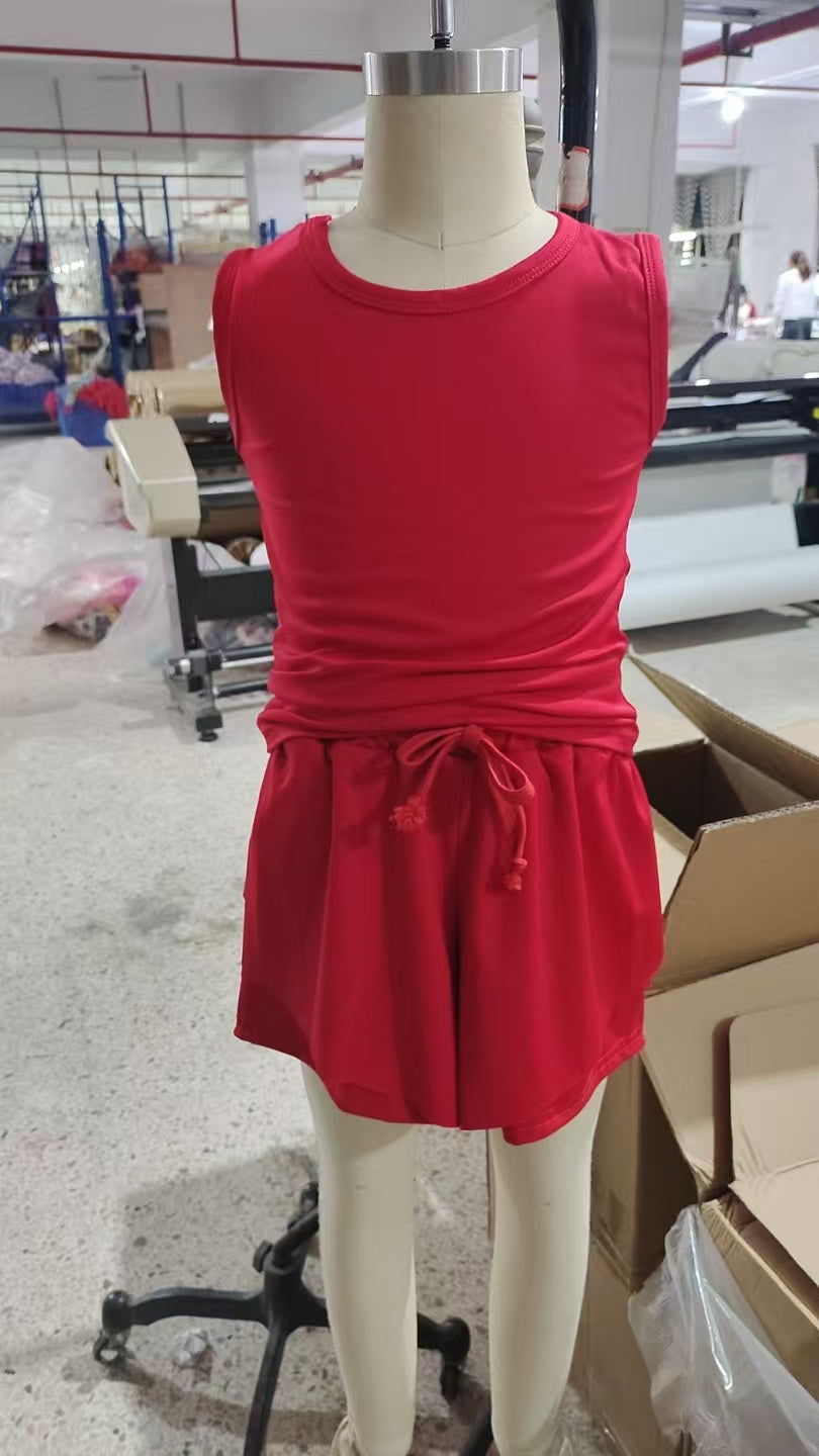 GSSO2499 Red Tank Top Flutter Shorts Girls Summer Yoga Clothes Set