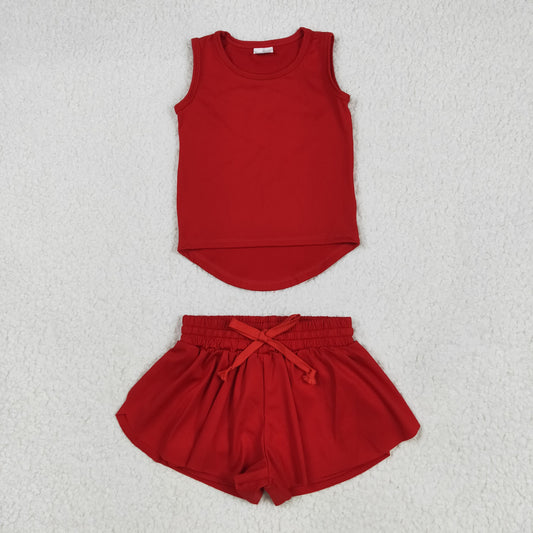 GSSO2499 Red Tank Top Flutter Shorts Girls Summer Yoga Clothes Set