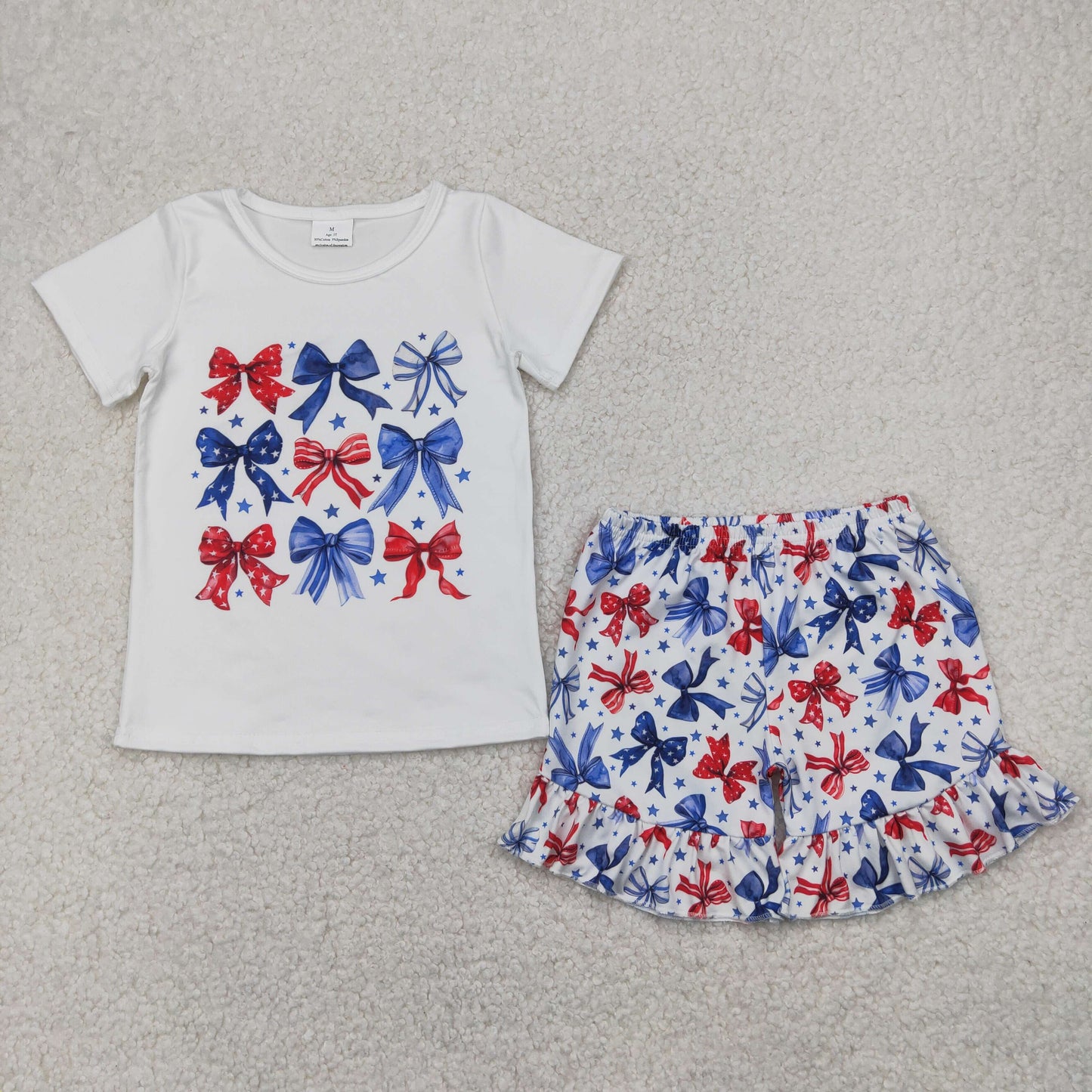 GSSO2512 Red Blue Bows Stars Top Ruffle Shorts Girls 4th of July Clothes Set