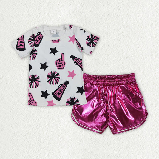GSSO2516 Cheer Top Hot Pink Pleather Shorts Girls Summer Clothes Set
