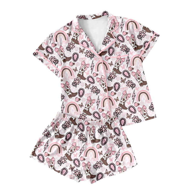 (Pre-order)GSSO2519 Adult Butterfly Pink Bows Rainbow Print Woman Summer Buttons Pajamas Clothes Set