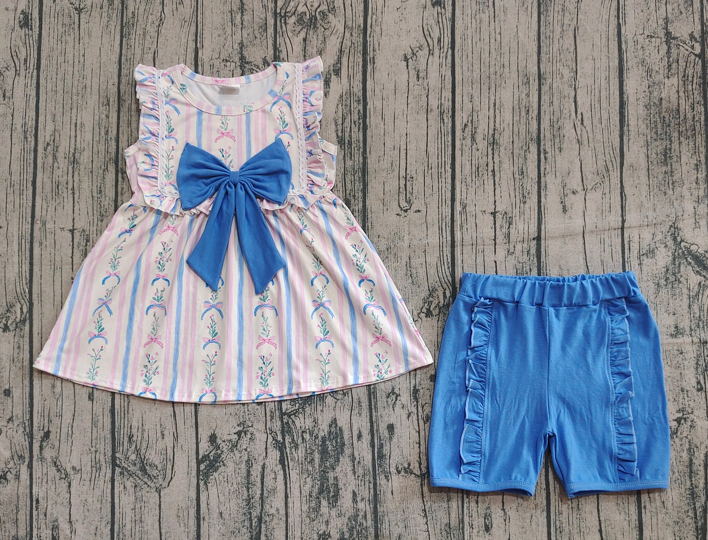 (Pre-order)GSSO2533 Flowers Stripes Tunic Top Blue Shorts Girls Summer Clothes Set