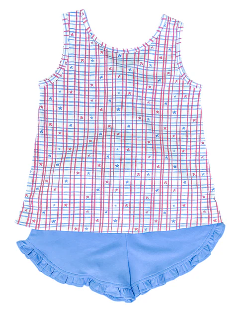 (Pre-order)GSSO2539 Stars Plaid Backless Top Blue Shorts Girls 4th of July Clothes Set