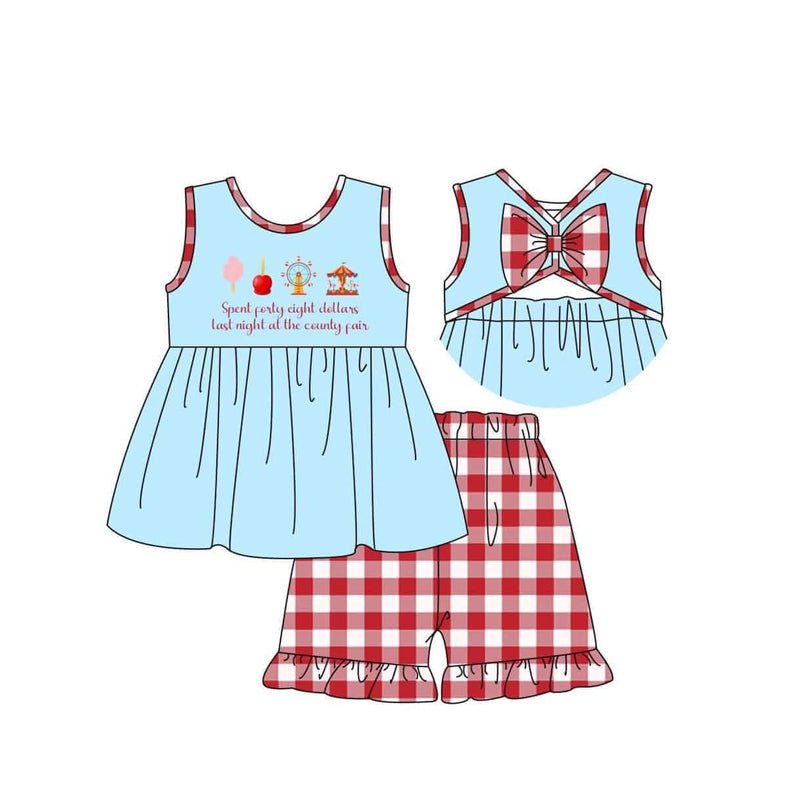 (Custom Design Preorder MOQ 5) County Fair Blue Tunic Top Red Plaid Shorts Girls Summer Clothes Set