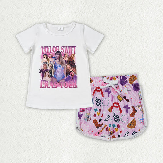 GSSO2545  Singer Swiftie Top Purple Shorts Girls Summer Clothes Set