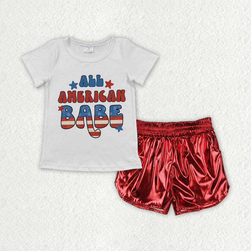 GSSO2546 ALL AMERICAN BABE Top Red Pocket Pleather Elastic Shorts Girls 4th of July Clothes Set