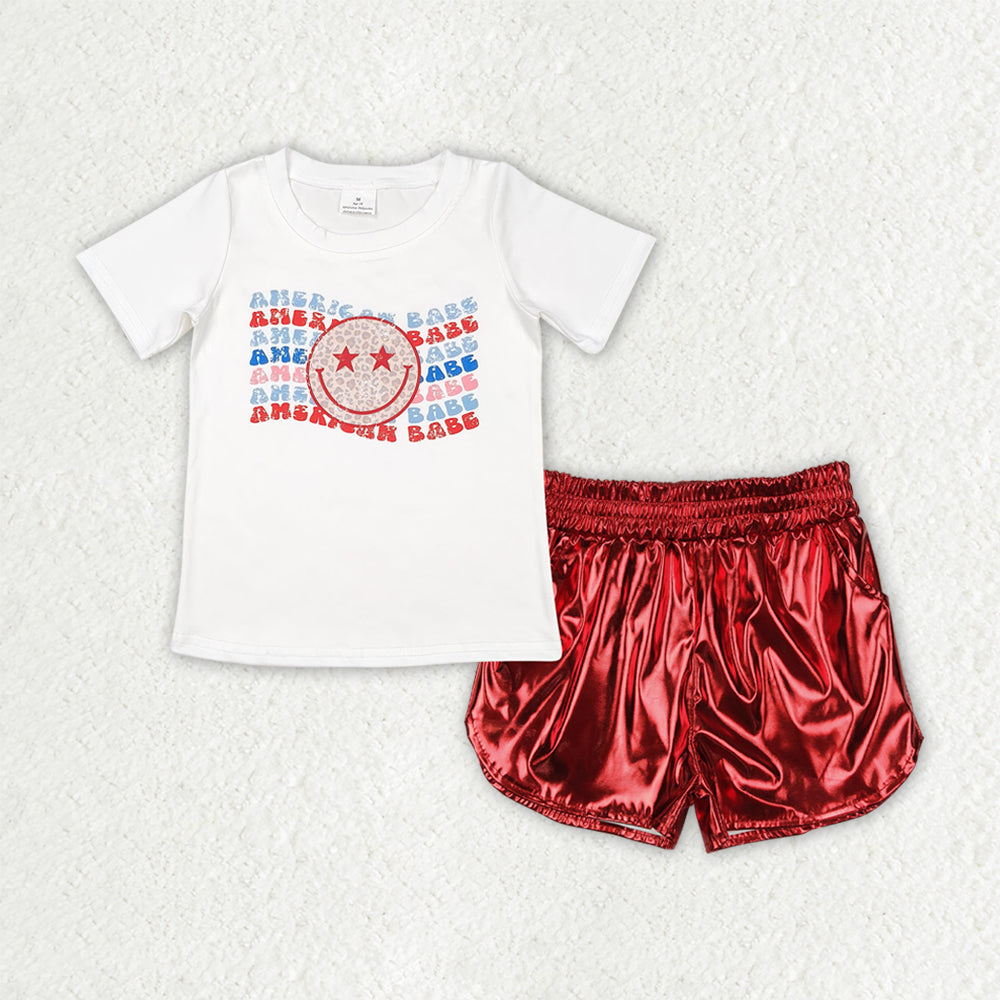 GSSO2547 AMERICAN BABE Smiling Face Top Red Pocket Pleather Elastic Shorts Girls 4th of July Clothes Set