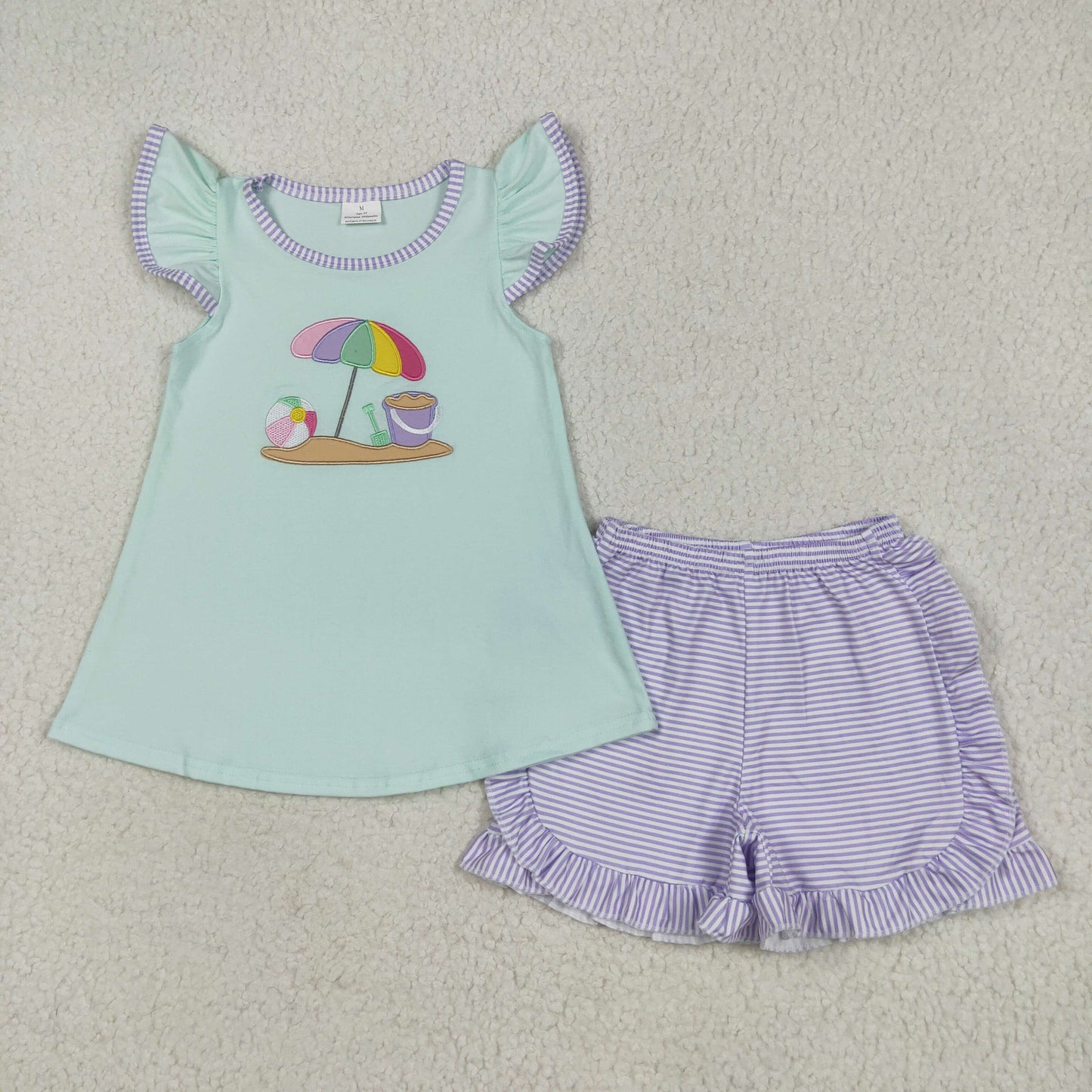 GSSO2553 Sandbeach Embroidery Top Purple Shorts Girls Summer Clothes Set