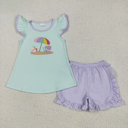 GSSO2553 Sandbeach Embroidery Top Purple Shorts Girls Summer Clothes Set