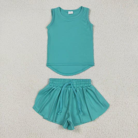 GSSO2572 Turquoise Tank Top Flutter Shorts Girls Summer Yoga Clothes Set
