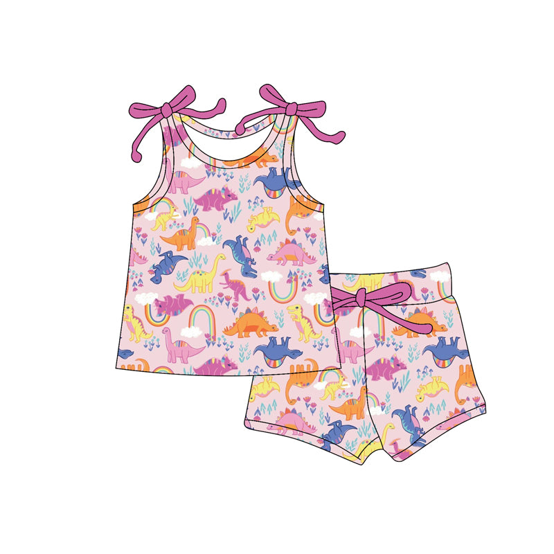 (Pre-order)GSSO2580 Dino Flowers Rainbow Top Shorts Girls Summer Clothes Set