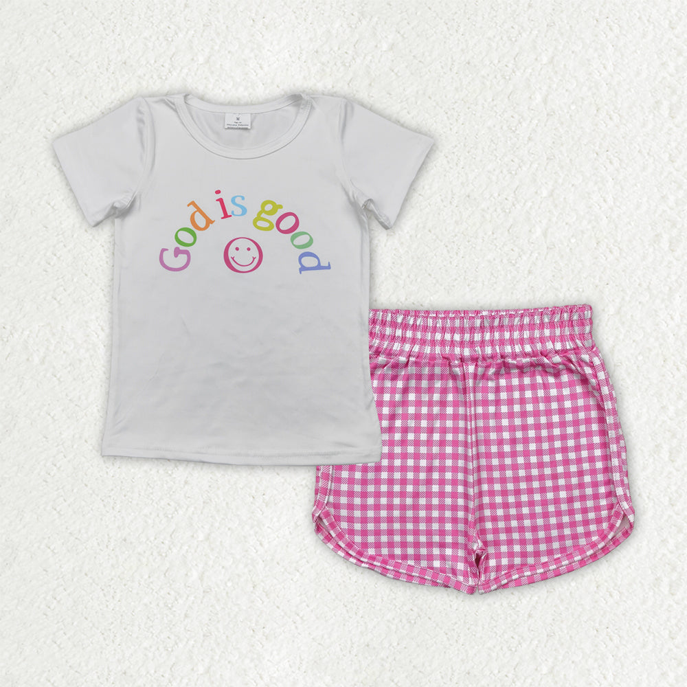 GSSO2594 God is good White Top Pink Plaid Shorts Girls Summer Clothes Set
