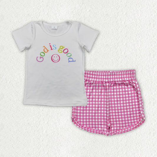 GSSO2594 God is good White Top Pink Plaid Shorts Girls Summer Clothes Set