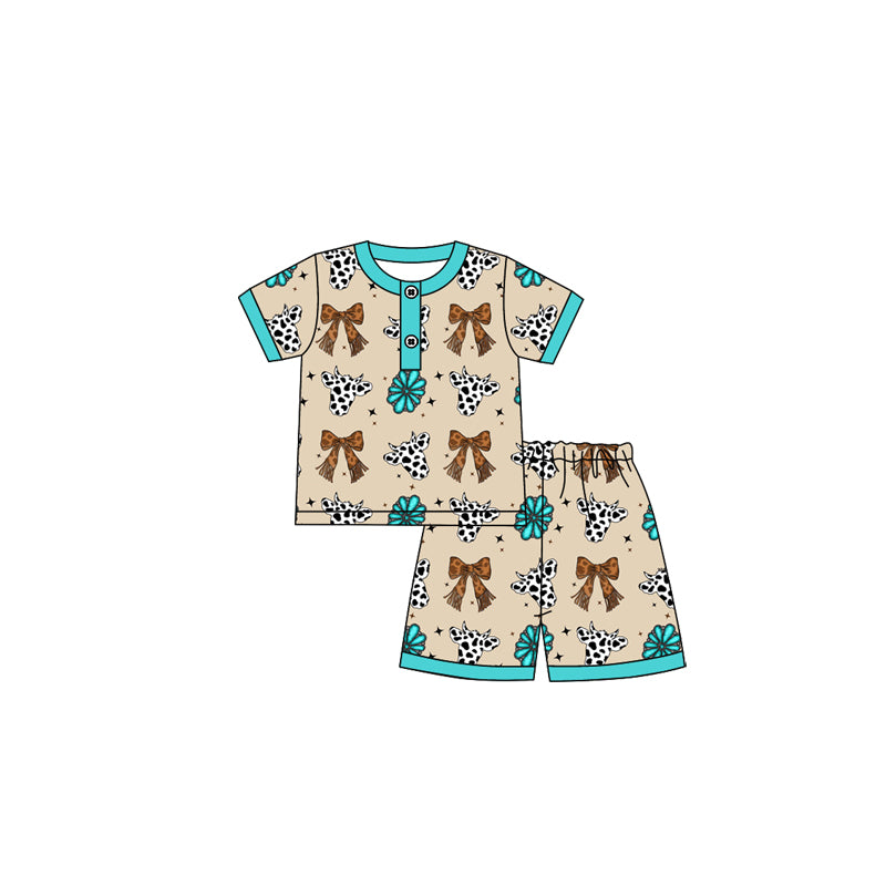 (Pre-order)GSSO2621 Cows Bows Turquoise Print Shorts Girls Summer Pajamas Clothes Set
