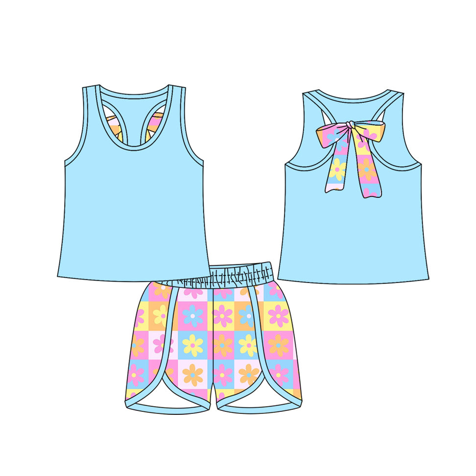 (Pre-order)GSSO2622 Blue Tank Top Flowers Colorful Plaid Shorts Girls Summer Clothes Set
