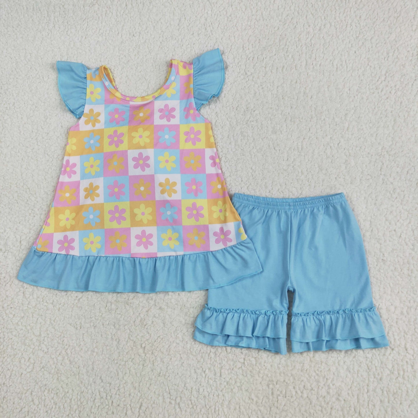 GSSO2623 Flowers Colorful Plaid Tunic Top Blue Shorts Girls Summer Clothes Set
