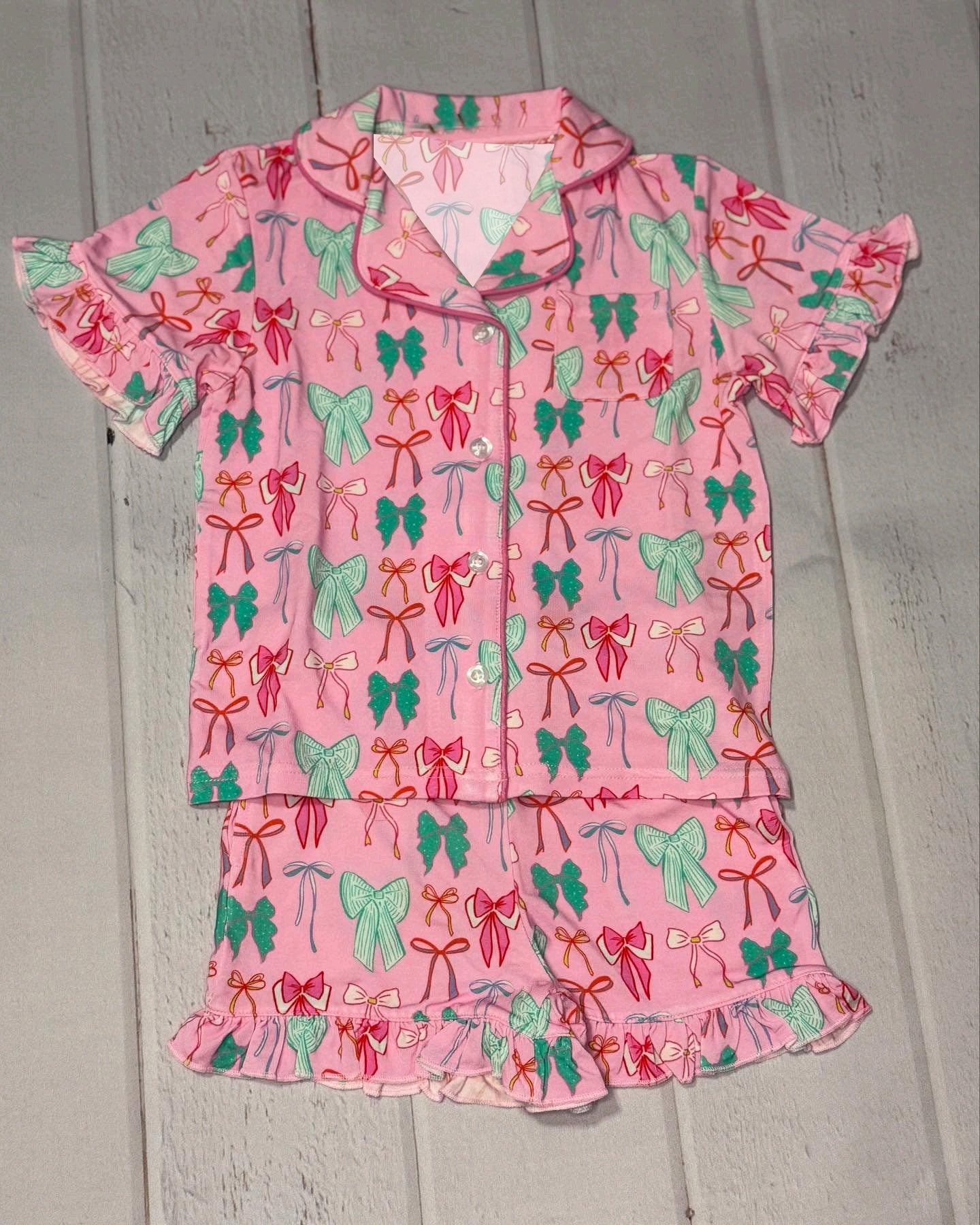 (Pre-order)GSSO2636 Colorful Bows Print Shorts Girls Summer Button Pajamas Clothes Set
