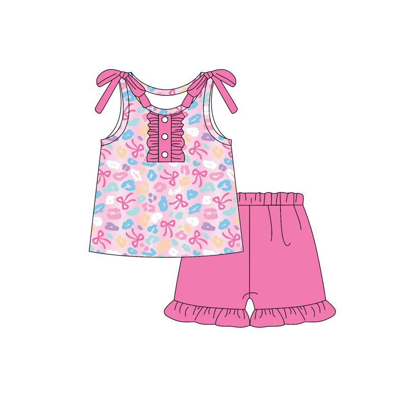 (Pre-order)GSSO2643 Colorful Leopard Bows Top Pink Shorts Girls Summer Clothes Set
