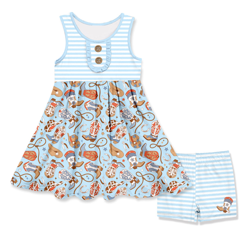 (Pre-order)GSSO2645 Boots Hat Tunic Top Stripes Shorts Girls Summer Clothes Set
