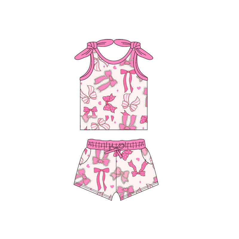 (Pre-order)GSSO2654 Pink Bows Top Shorts Girls Summer Clothes Set