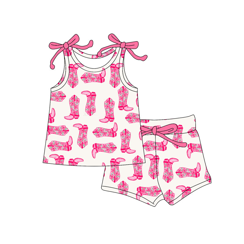 (Pre-order)GSSO2658 Pink Boots Flowers Top Shorts Girls Summer Clothes Set