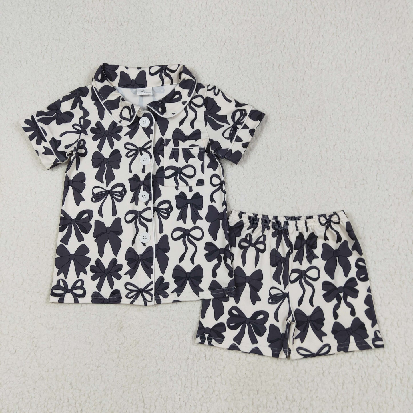GSSO2663 Black Bows Print Girls Buttons Summer Pajamas Clothes Set