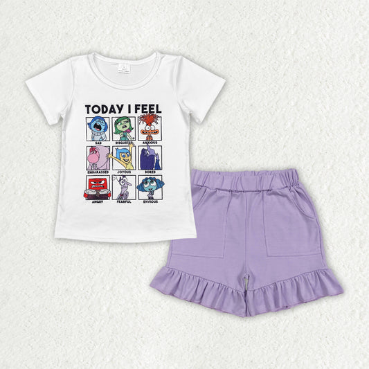 GSSO2665  Cartoon Figure Inside Out Top Purple Shorts Girls Summer Clothes Set