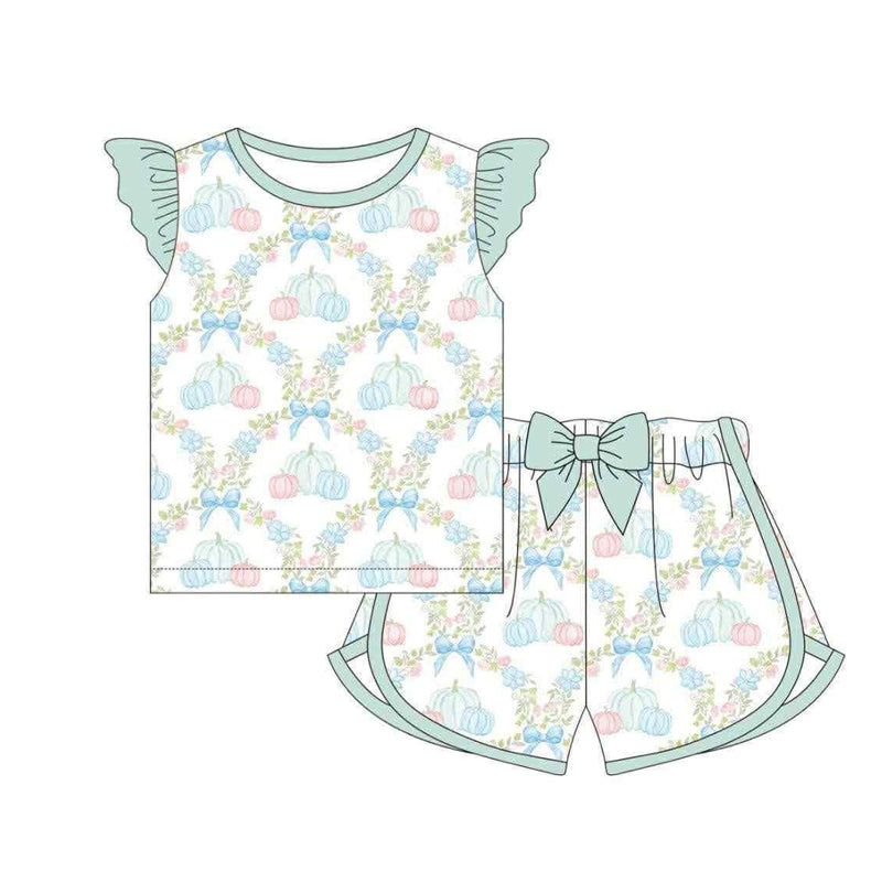 (Pre-order)GSSO2667 Flowers Pumpkin Flutter Top Bow Shorts Girls Fall Clothes Set