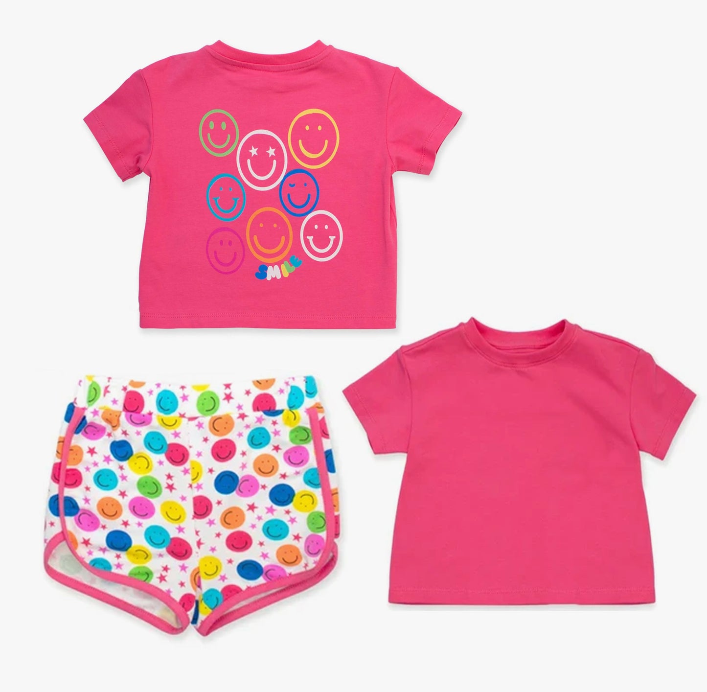 (Pre-order)GSSO2671 Hot Pink Top Colorful Smiling Face Shorts Girls Summer Clothes Set