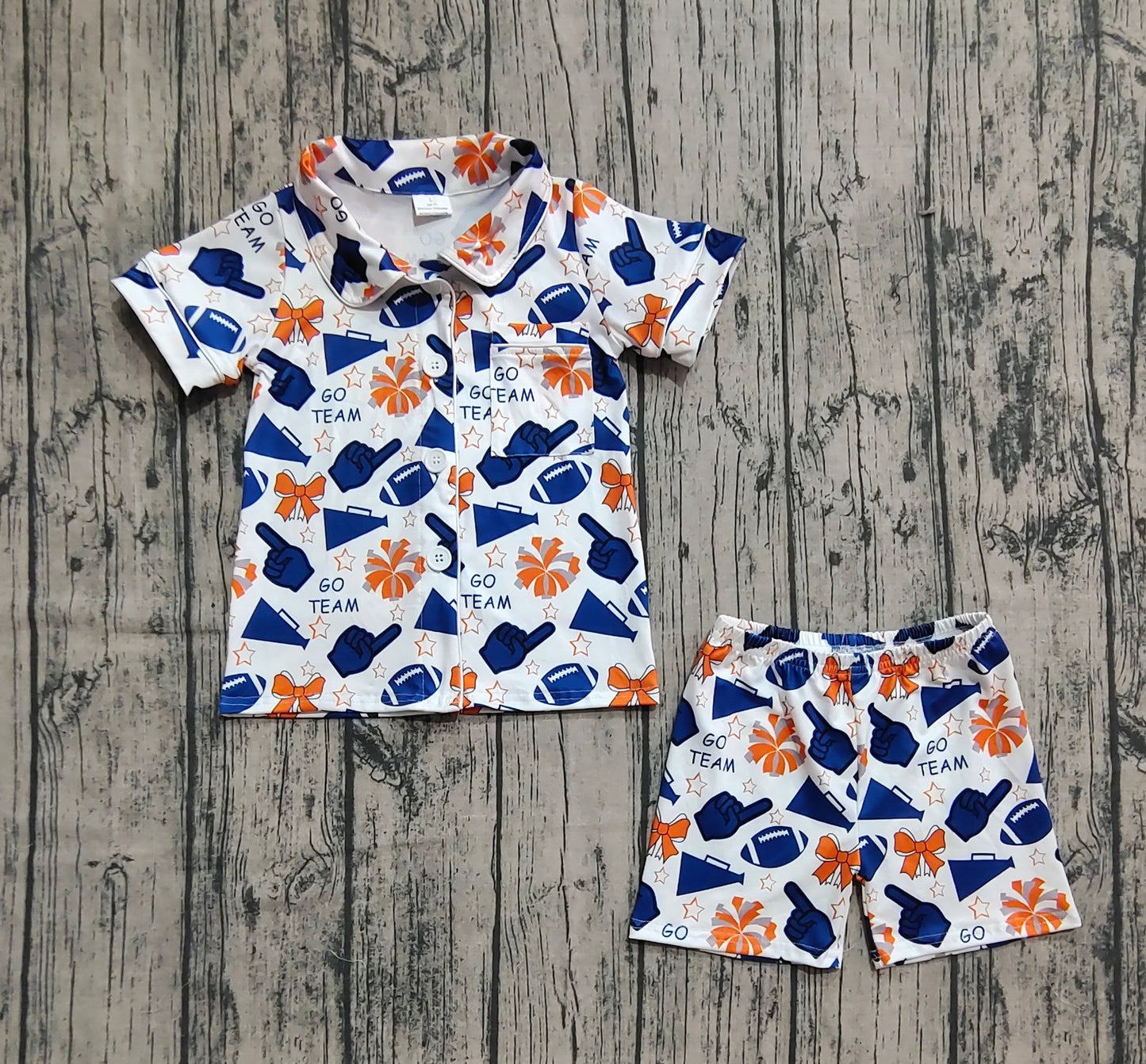 (Pre-order)GSSO2675 Cheer Navy GO TEAM Bows Print Girls Buttons Summer Pajamas Clothes Set