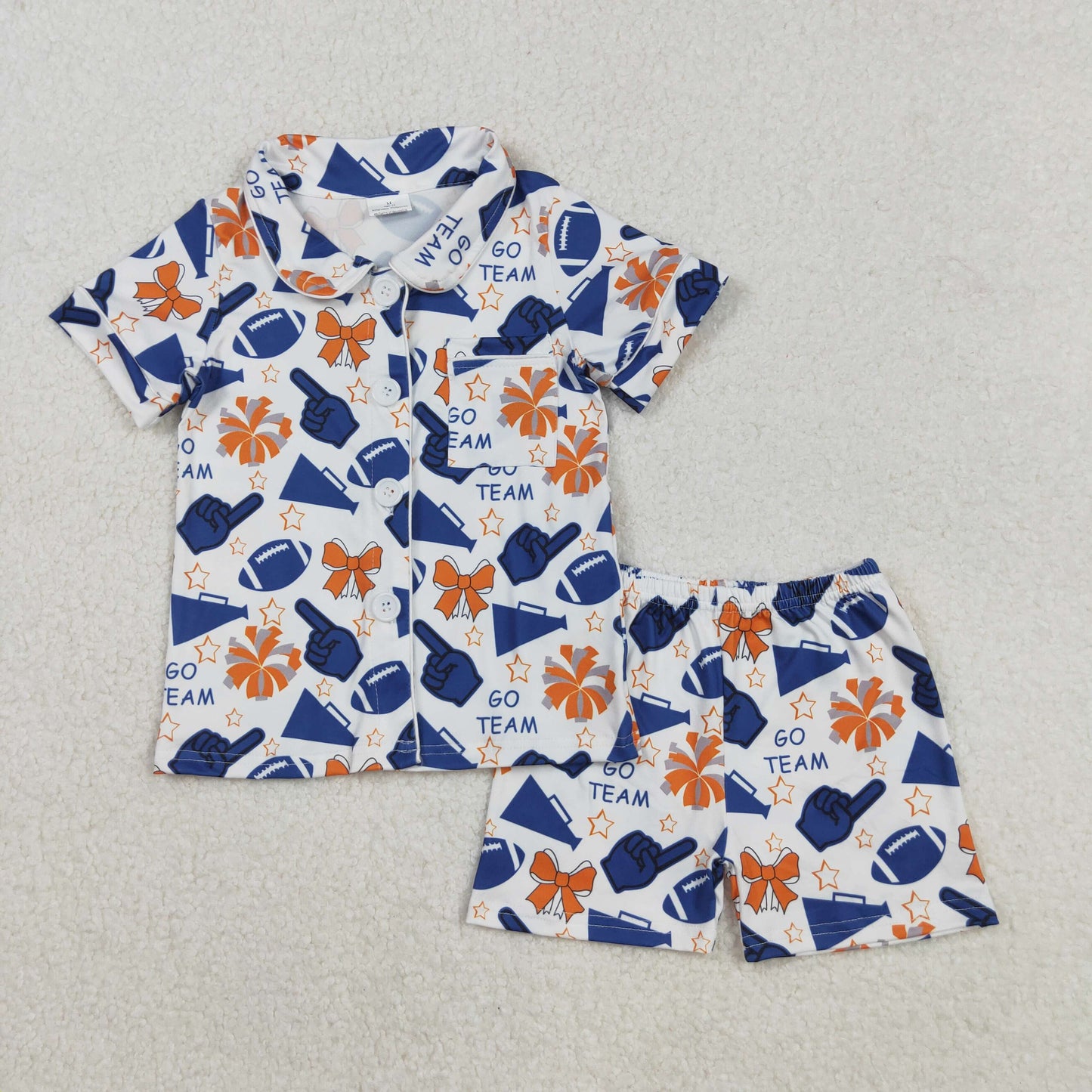 GSSO2675 Cheer Navy GO TEAM Bows Print Girls Buttons Summer Pajamas Clothes Set
