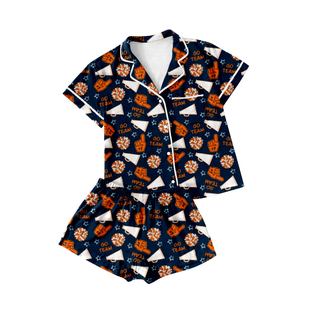 (Pre-order)GSSO2677 Cheer Orange GO TEAM Print Girls Buttons Summer Pajamas Clothes Set