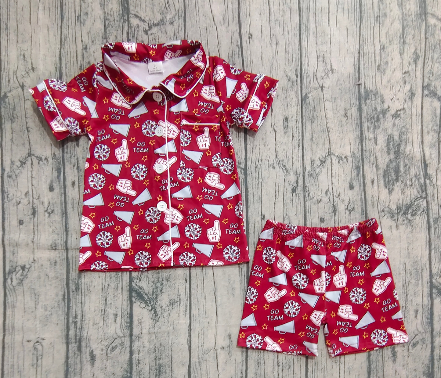 (Pre-order)GSSO2678 Cheer Wine GO TEAM Print Girls Buttons Summer Pajamas Clothes Set