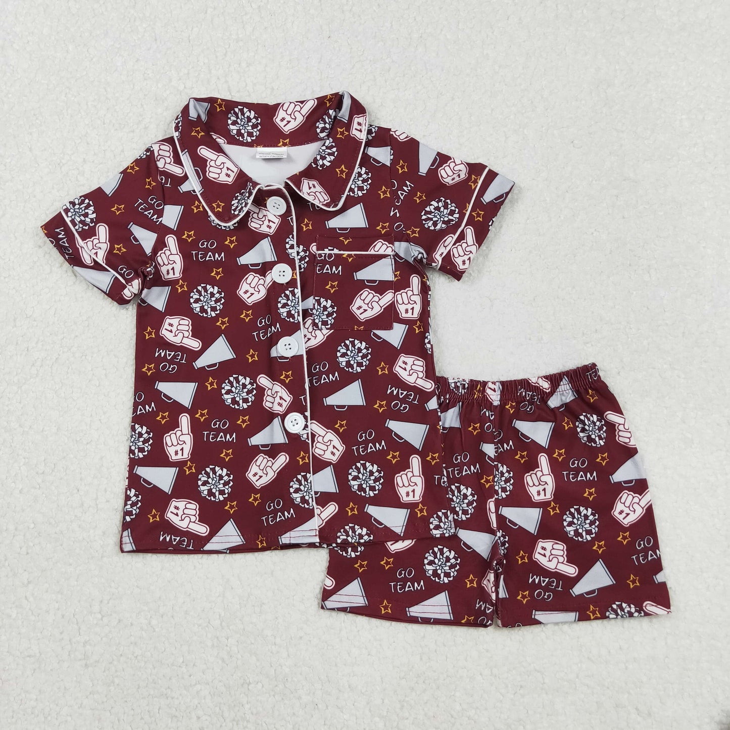 GSSO2678 Cheer Wine GO TEAM Print Girls Buttons Summer Pajamas Clothes Set