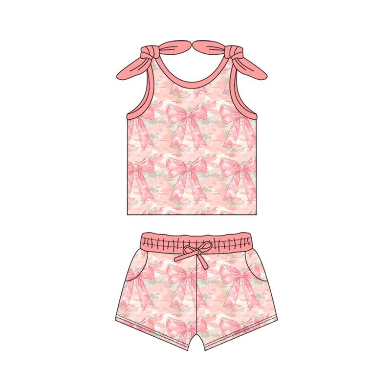 (Pre-order)GSD2683 Pink Camo Bows Tank Top Shorts Girls Summer Clothes Set
