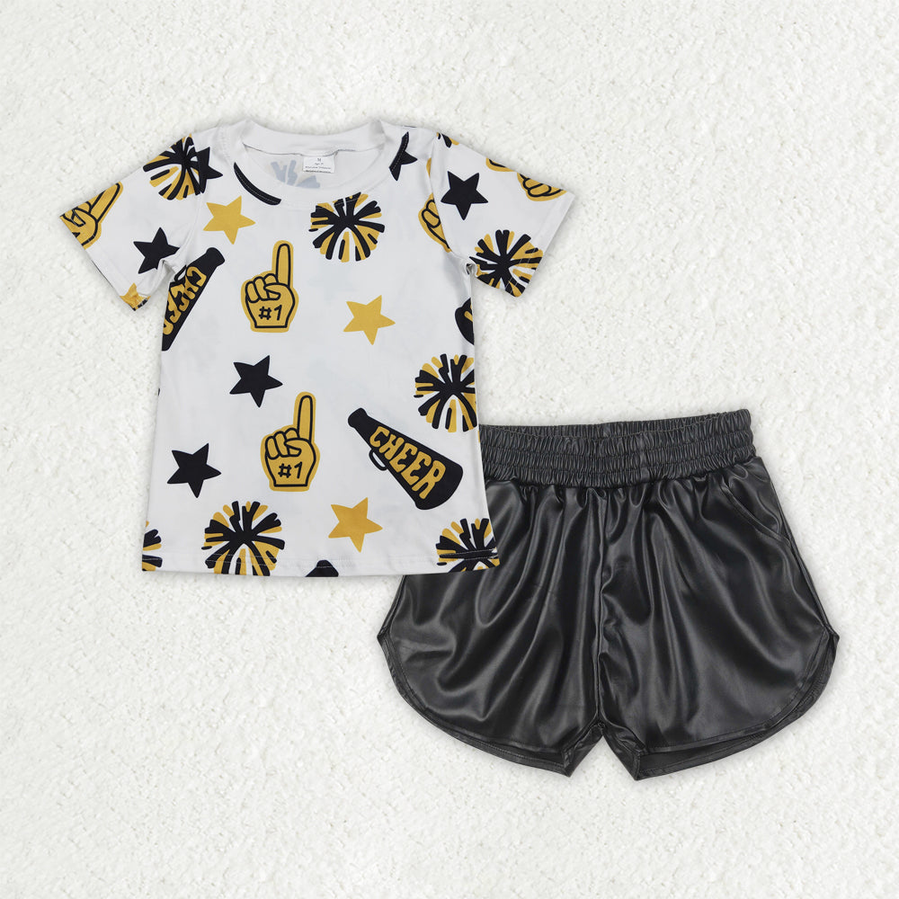 GSSO2685 Cheer Yellow Top Black Pleather Shorts Girls Summer Clothes Set