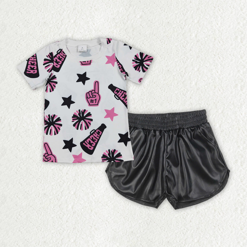 GSSO2686 Cheer Pink Top Black Pleather Shorts Girls Summer Clothes Set