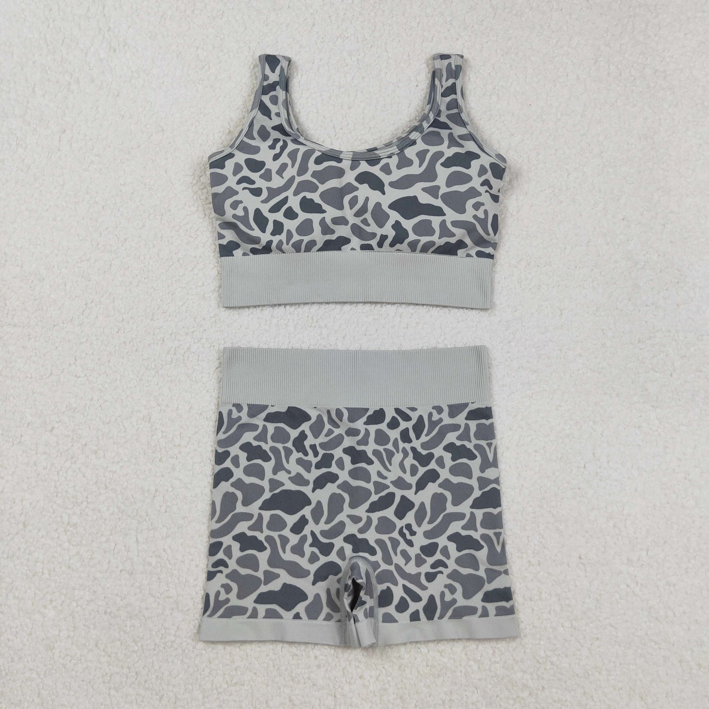 GSSO2702 Adult Grey Camo Crop Bra Top Shorts Woman Summer Yoga Clothes Set