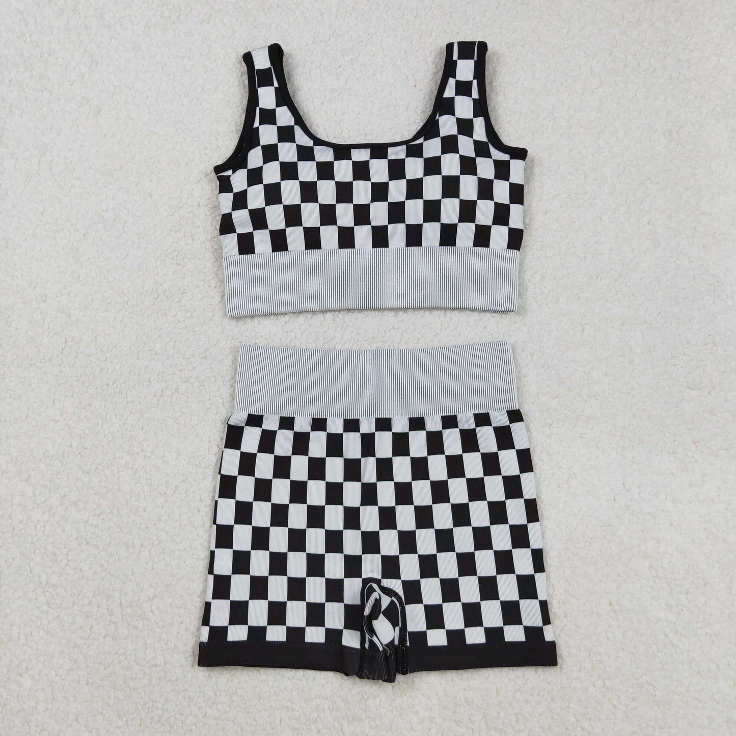 GSSO2703 Adult Black Plaid Crop Bra Top Shorts Woman Summer Yoga Clothes Set