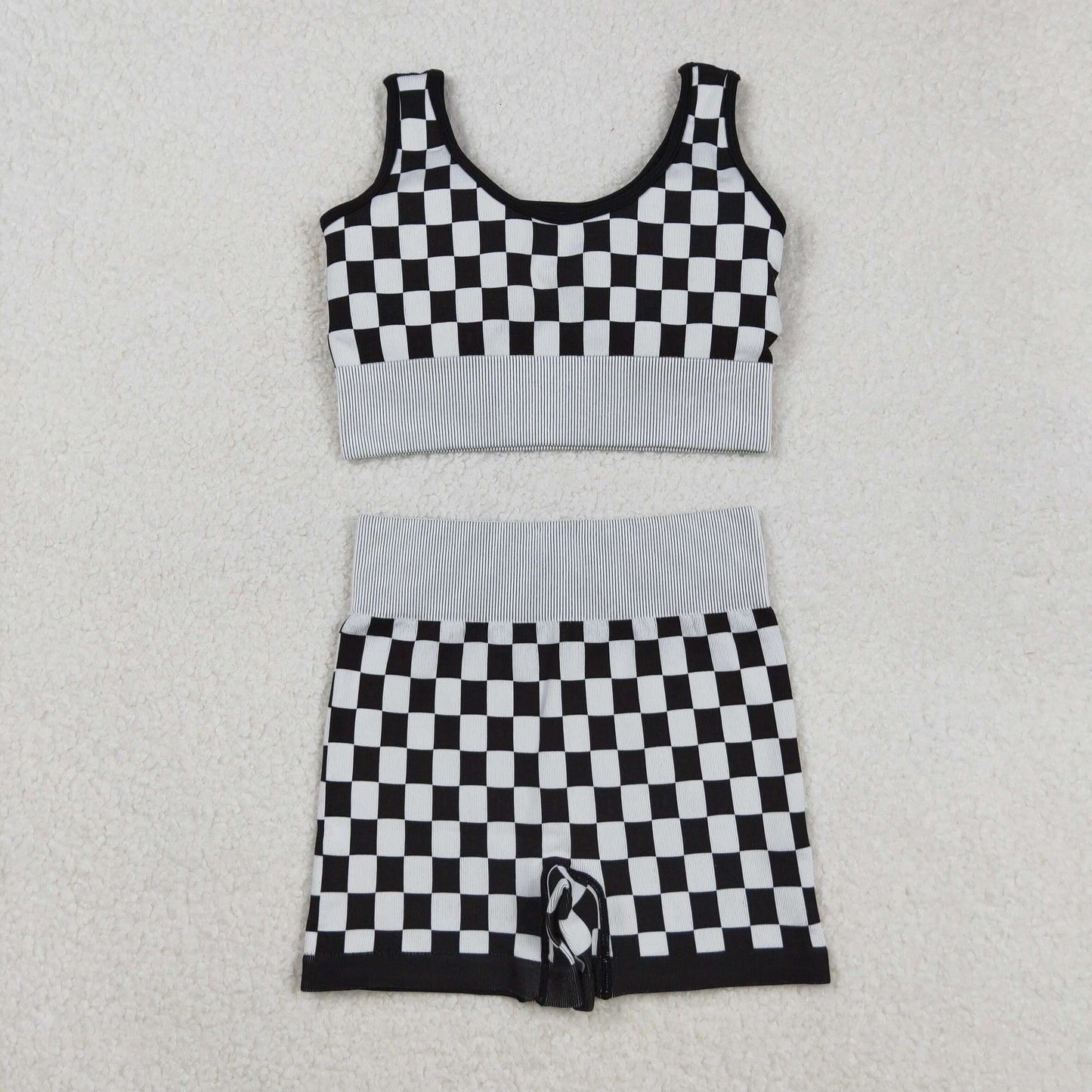 GSSO2703 Adult Black Plaid Crop Bra Top Shorts Woman Summer Yoga Clothes Set